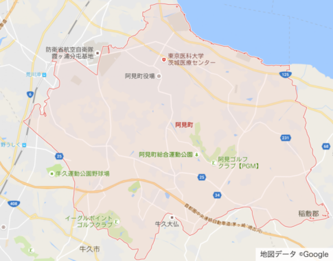 阿見町（地図データ ©Google）